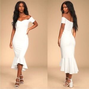 ⚫️ Lulu's How Much I Care Off-the-Shoulder Midi Bodycon Dress w/Trumpet Skirt m​